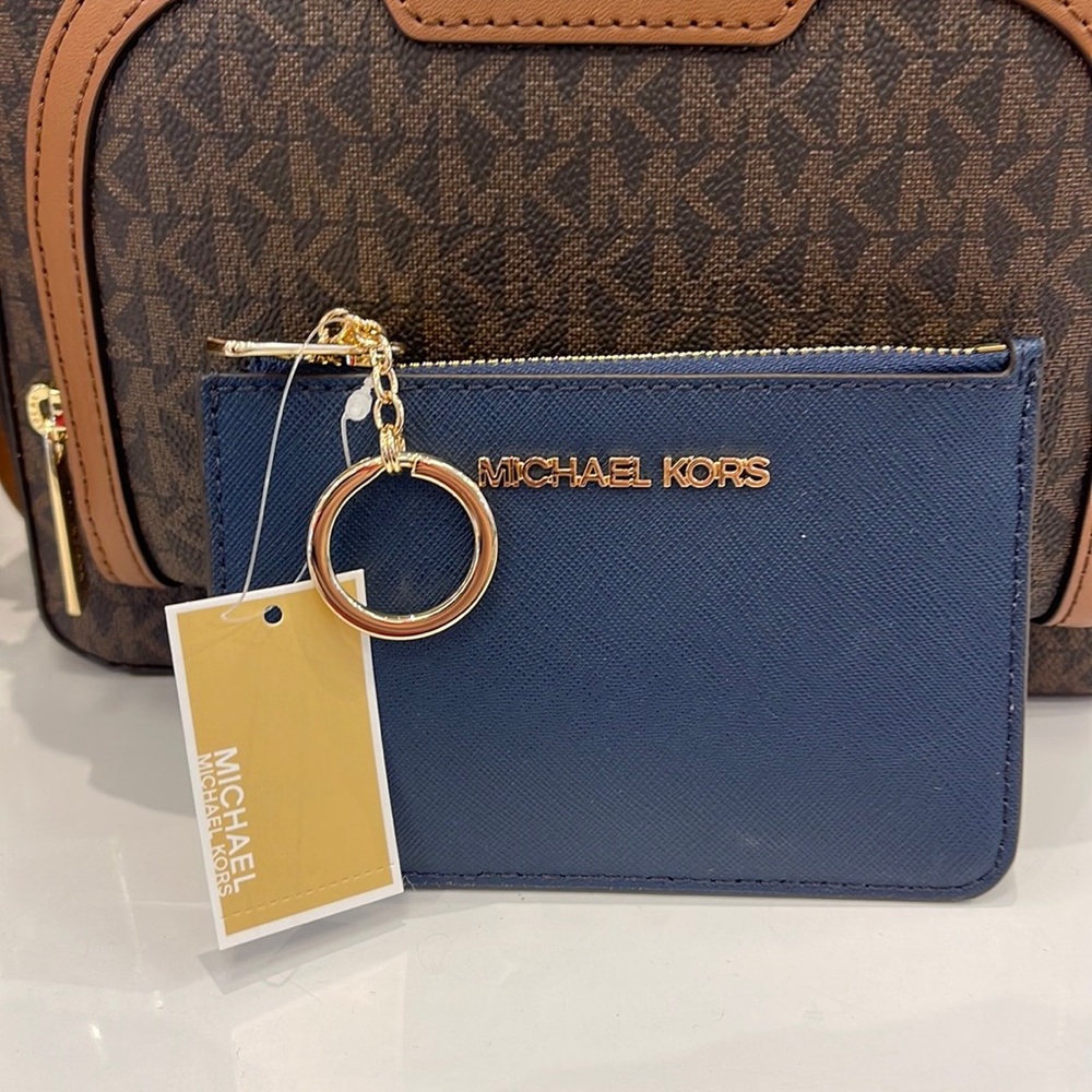 MICHAEL KORS SMALL TOP ZIP COINPOUCH WITH ID KEYCHAIN CARDHOLDER WALLET 
NAVY - Picture 7 of 16